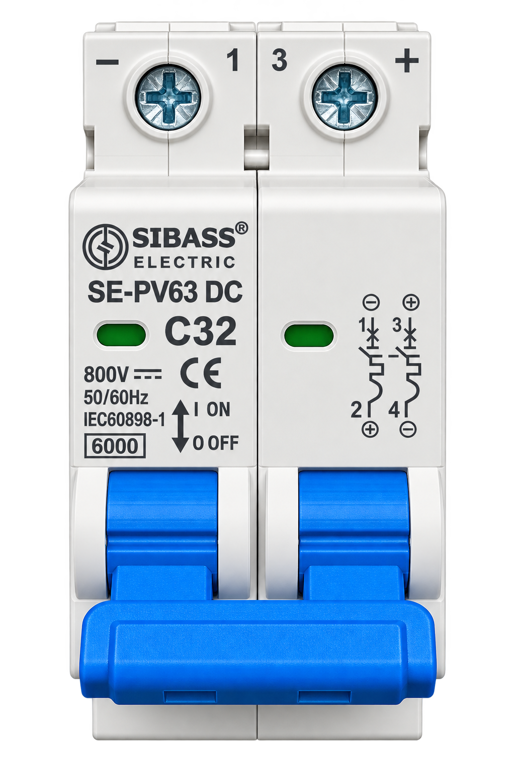 SIBASS ELECTRIC SE-PV63 DC C32 32A 2 POLE DC MINIATURE CIRCUIT BREAKER 800V